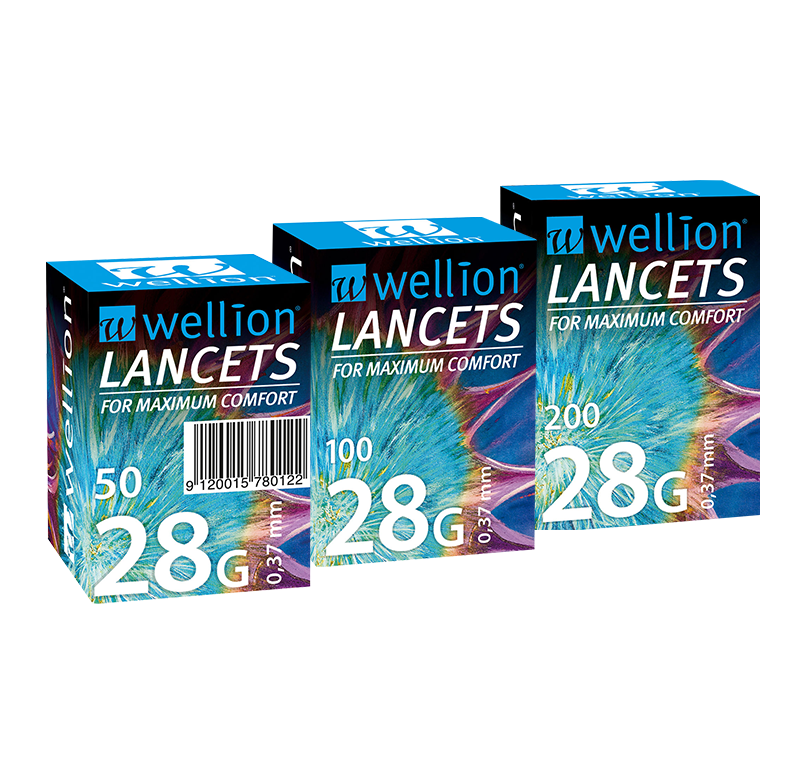 Wellion LANCETS 28G - Lanzetten für die besonders schonende Blutgewinnung. Schutzkappe und perfekter Schliff für möglichst schmerzarme Blutentnahme. 50, 100 and 200 pieces. Picture