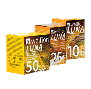 Wellion LUNA Blutzuckerteststreifen Wellion LUNA Blutzuckerteststreifen. High Tech Produkt. Besteht aus verschiedenen Schichten. NO CODE Technologie. Handliche Größe. Sip-in-Technologie verhindert eine Kontamination mit Blut. Für das Wellion LUNA Blutzuckermessgerät. 5 Stück und 10 Stück. Foto