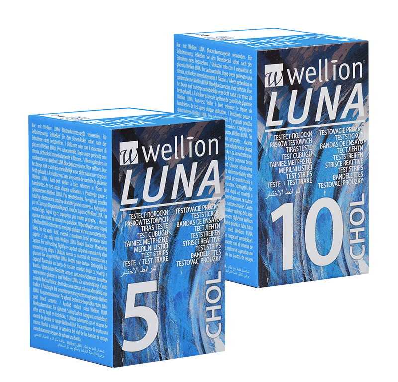 Wellion LUNA Cholesterin Teststreifen. High Tech Produkt. Besteht aus verschiedenen Schichten. AUTO CODING Technologie. Handliche Größe. Sip-in-Technologie verhindert eine Kontamination mit Blut. Für das Wellion LUNA Blutzuckermessgerät. 5 Stück und 10 Stück. Foto