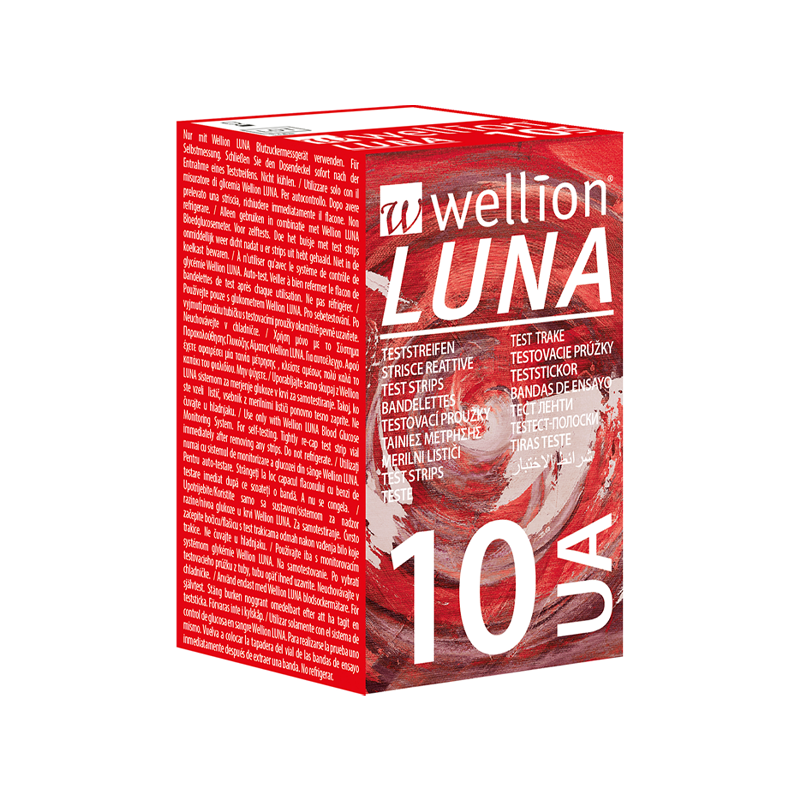 Wellion LUNA Harnsäure Teststreifen Wellion LUNA Harnsäure Teststreifen. High Tech Produkt. Besteht aus verschiedenen Schichten. AUTO CODING Tgie. Handliche Größe. Sip-in-Technologie verhindert eine Kontamination mit Blut. Für das Wellion LUNA Trio Blutzuckermessgerät. 10 Stück. Foto