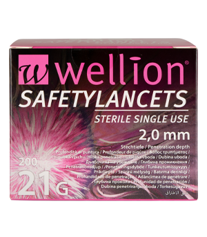 Wellion Safetylancets 21G - Ideal bei Sehproblemen, verminderter Feinmotorik und für ältere Menschen. Schnelle und einfache Handhabung. Sanft und sicher. Minimierte Schmerzen durch ultra-scharfe Nadel. Perfekt für medizinisches Fachpersonal, Krankenhäuser und Pflegeheime. Steril und Vermeidung von Stichverletzungen. Foto